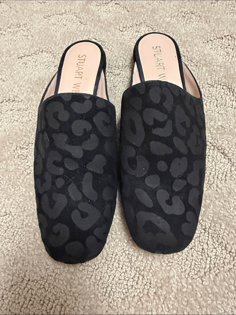 Stuart Weitzman Black Leopard-Pattern Slip-On Mules